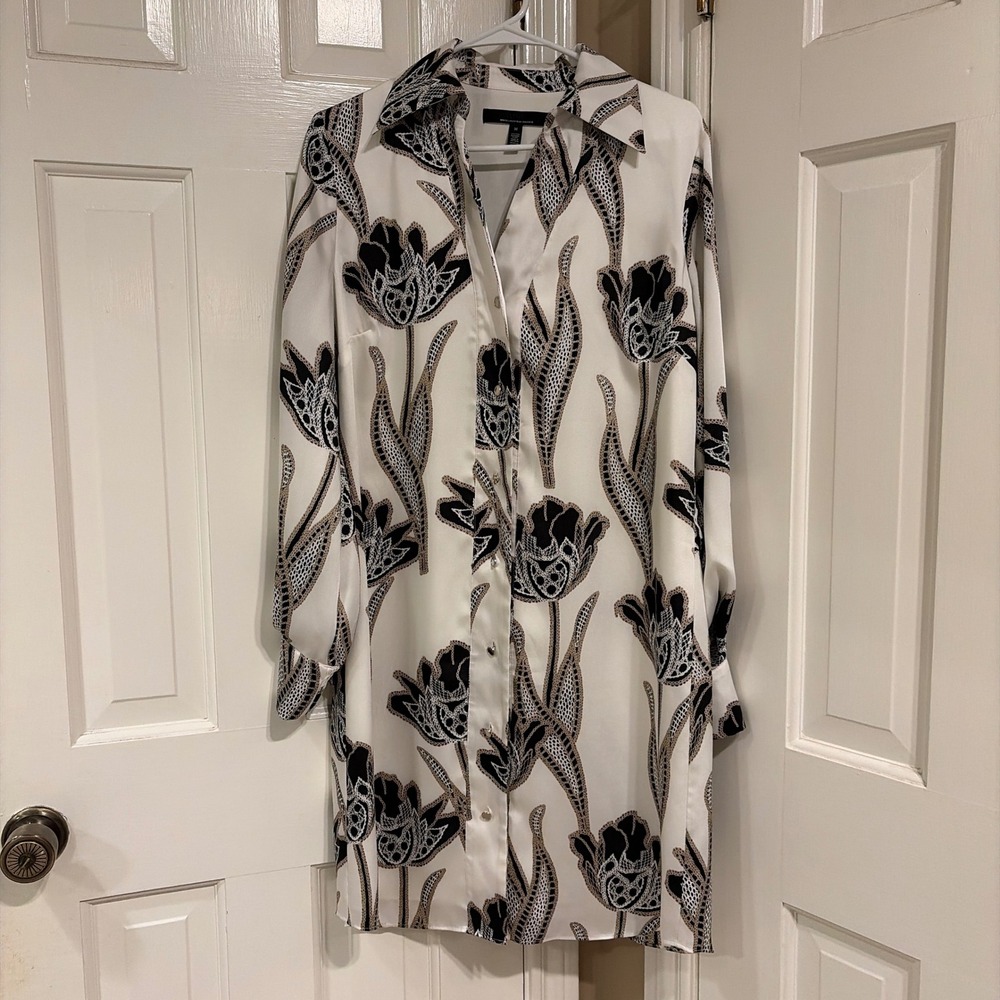 White House Black Market Womens Floral Shirt Dress White Black M Long Sleeve